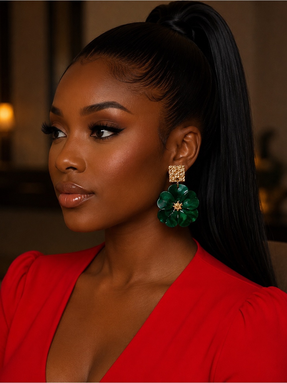 Gold and Emerald Green Flower Drop Earrings - Women Jewelry